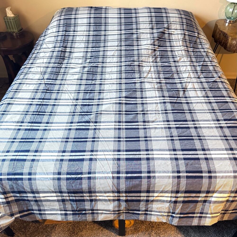 Yves Delorme King Duvet Cover Blue White Plaid 100% Cotton Luxury Made in France